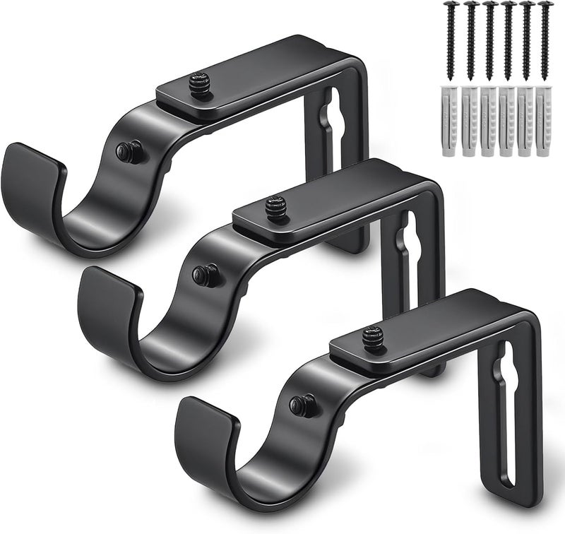 LLPJS Curtain Rod Bracket Adjustable, Drapery Rod Holder Hooks Support Hangers for 1 inch Diameter Window Curtain Rods (Black, 3-Pack) - Image 1